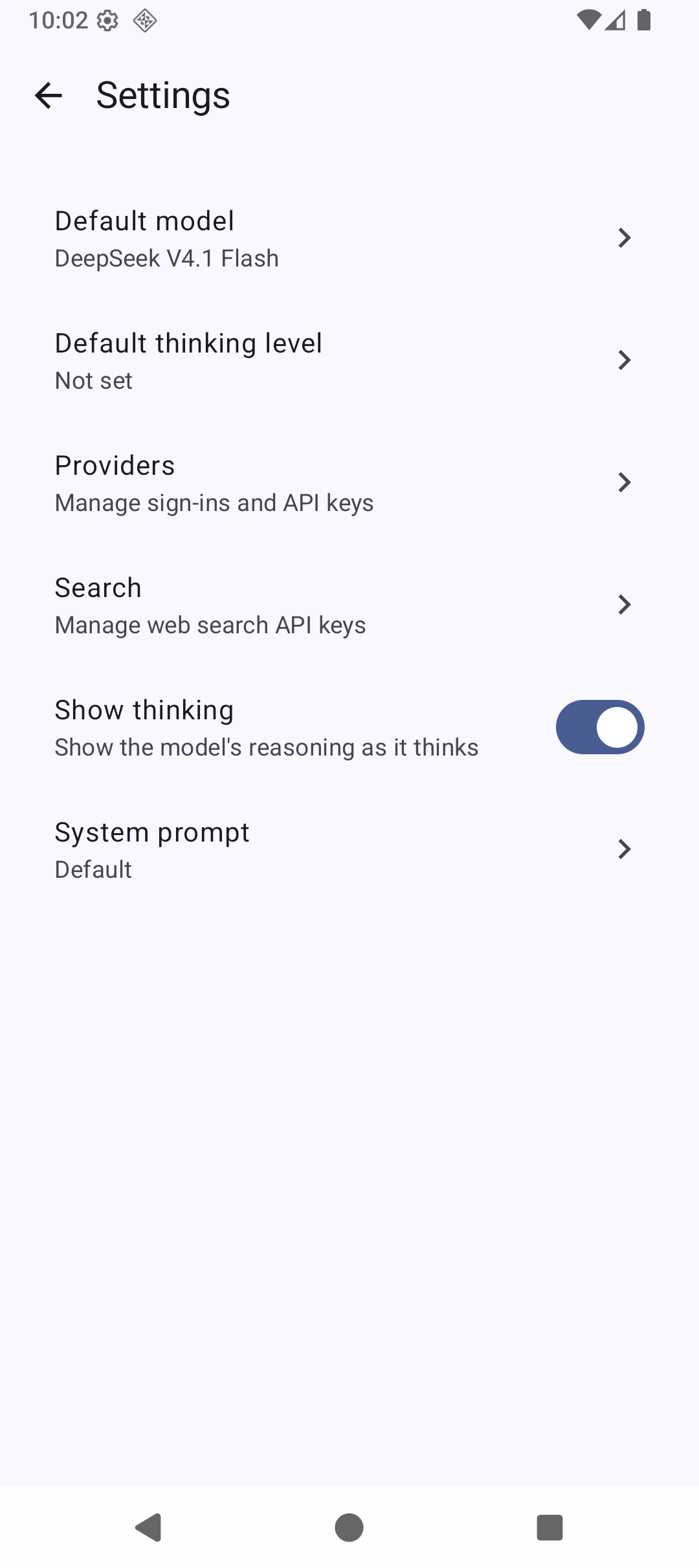 The settings screen: default model and thinking level, providers, web search keys, reasoning display, and system prompt.